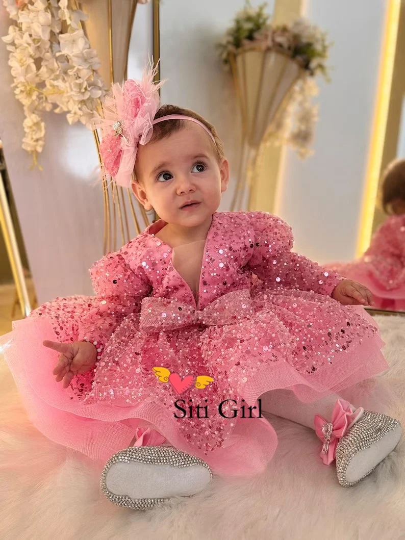 Robe princesse rose pour bébé fille, tenue de concours de beauté, en Tulle, pour première fête d'anniversaire