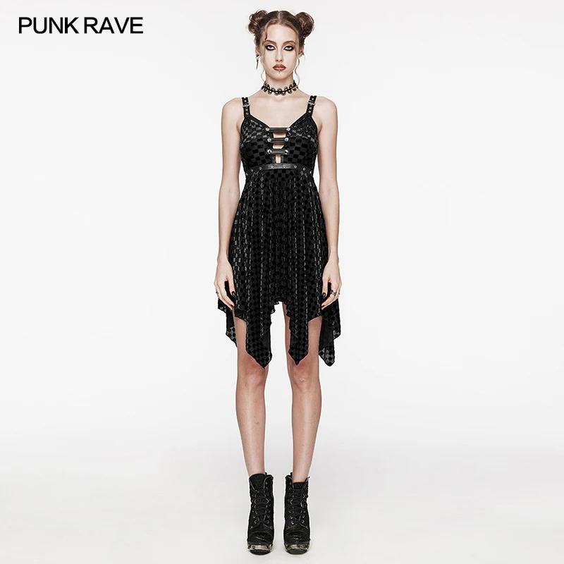 

PUNK RAVE Women's Gothic Daily Adjustable Shoulder Straps Plaid Irregular Hem Skirt Party Club Sexy Personality Black Dress