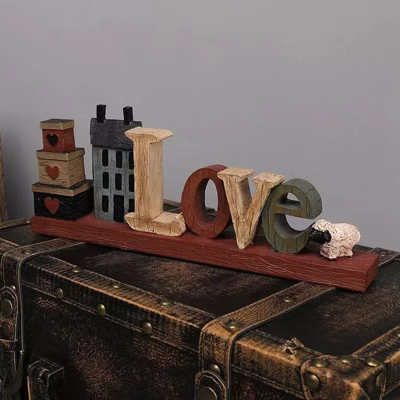 Rustic LOVE Resin Figurine Wooden House Sheep Desktop Decoration Farmhouse Shelf Decor Romantic Home Ornament Gift