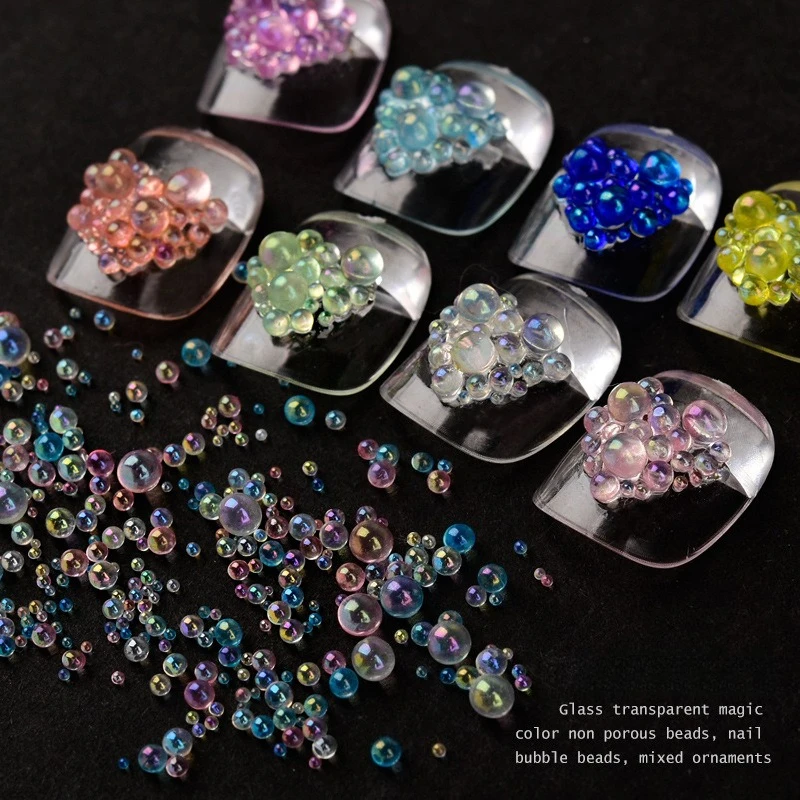 1Pcs Japanese Aurora Iridescent Mermaid Bubble Mixed Size Clear Round Beads Candy Nail Decor For DIY Press On Nails Manicure