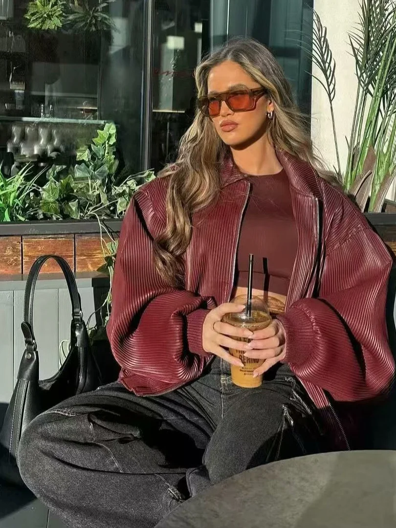 

Women's Vintage Street Casual Pleated Open Cardigan Jaet ZAUR2025 Flip Collar Knitted Sportswear Thin Model Long Pants