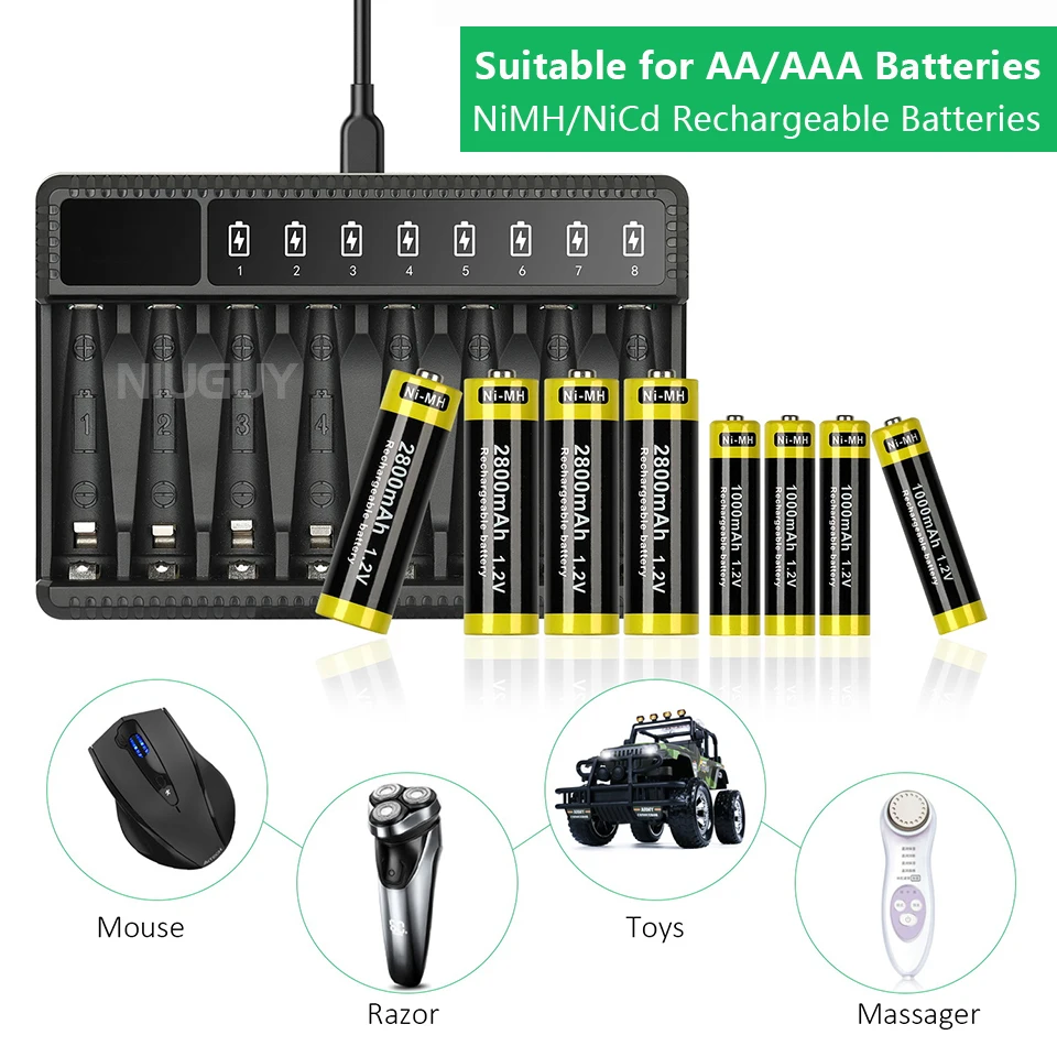 Carregador de Bateria Inteligente Inteligente com Display LED, Baterias Recarregáveis NiMH, Carregador de Bateria de Lítio, 1.5V, AA, AAA, 8 Slots