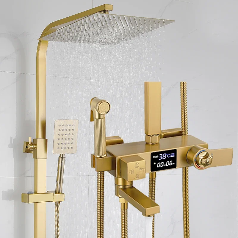 Brushed Gold Bathroom Shower Faucet Bath Faucet Set Termostatic/No Thermostatic Digital Display Rain Shower Column Shower System