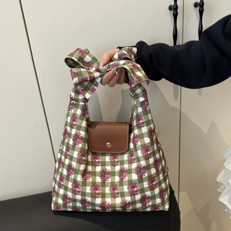 Floral Print Plaid Shoulder Bag,retro Fresh Sweet Pastoral Style Color-blocked Women Underarm Bags,bow-tie Shoulder Strap Design