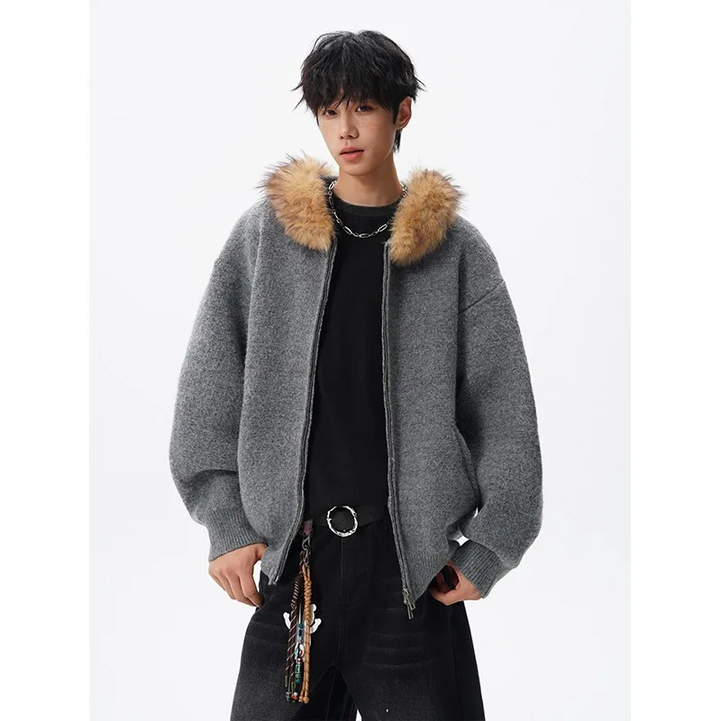 سترة صوفية بياقة من الفرو قابلة للفصل للرجال، سترة بغطاء للرأس بسحاب على الطراز الأمريكي العتيق، معطف دافئ محبوك