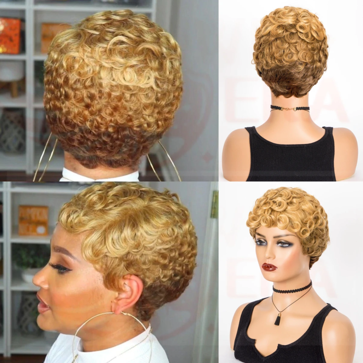 WIGERA Synthetic Short  Hairstyle  Curly Pixie Cut  Bob Wig Glond Brown/ Black/Wine Red Hair  Colored Wigs For Women