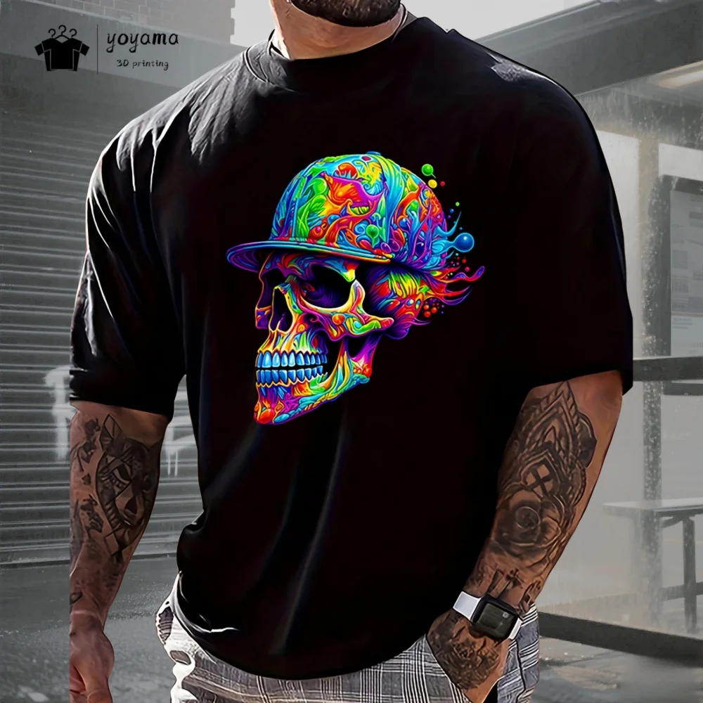 3D Print Skull Men's T-Shirt Summer Men's Top Trendy Versatile O-Neck Men's Short Sleeve Retro Fashion Plus Size Men's Clothing