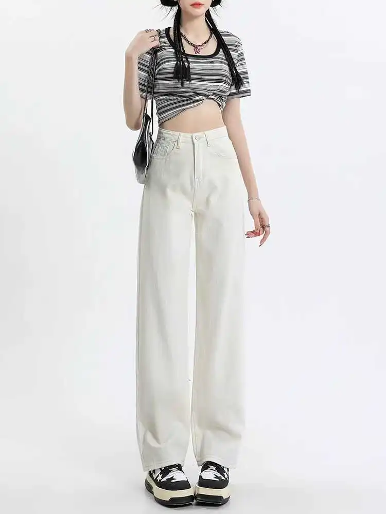 Pantalones vaqueros de pierna ancha de cintura alta adelgazantes para mujer, pantalones vaqueros blancos de verano con sentido colgante fino, pantalones vaqueros elásticos de algodón, tubo recto hasta el suelo
