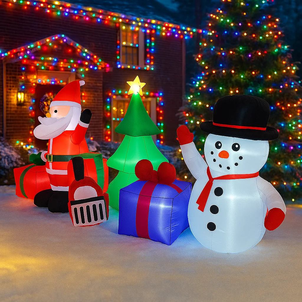 2,7 M/8,8 pies inflable Santa Claus muñeco de nieve tren luces de regalo LED decoración del hogar juguetes patio adornos de Navidad decoración de iluminación de vacaciones