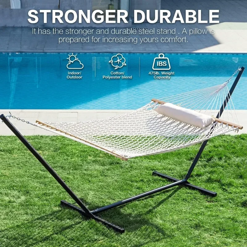 PNAEUT Double Rope Hammock with Stand Included, 12ft Heavy Duty Stand, 2 Person Traditional Cotton Rope Hammocks with Pillow