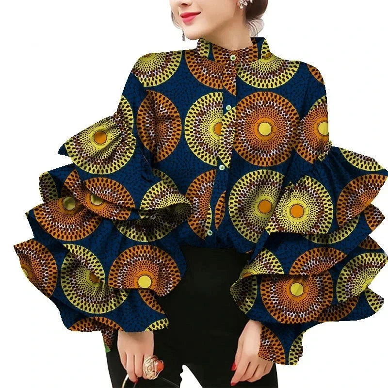 African Dress Shirt Stand Collar Layers Flare Sleeve Blouses for Women Wax Print Cotton Top Plus Size Lady Clothes Party WY8635