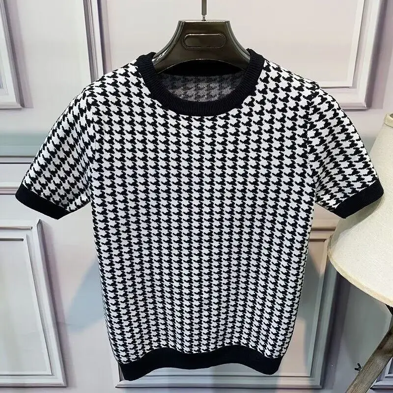 2024 New High Quality Plaid Knitted Sweater Men Short Sleeve O-neck Slim Fit Casual Tops Tees Streetwear Plus Size 4XL-M