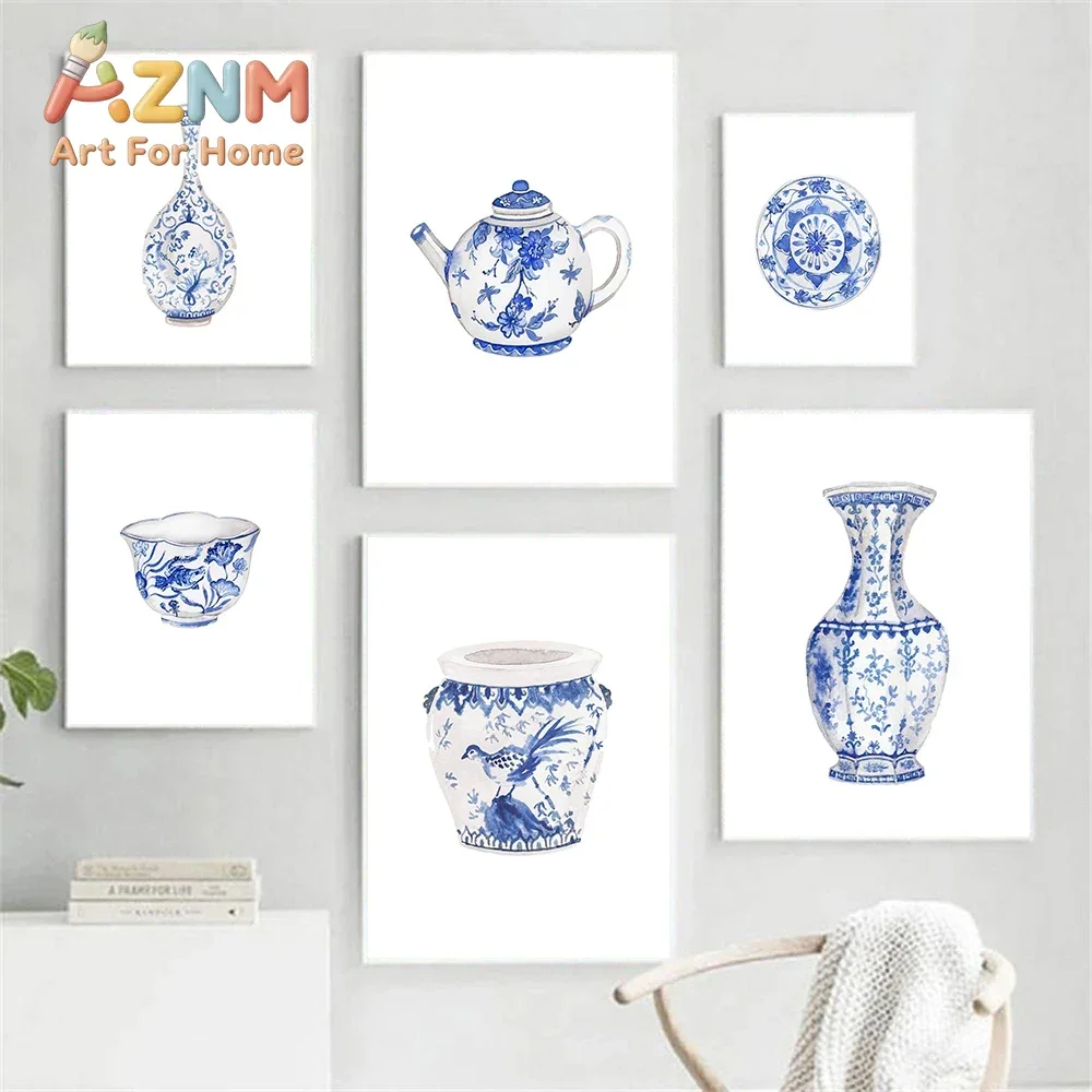 AZNM Blue And White Porcelain Canvas Wall Art Chinese Traditional Ceramic Vase Teapot Frameless Print Poster for Home Decor