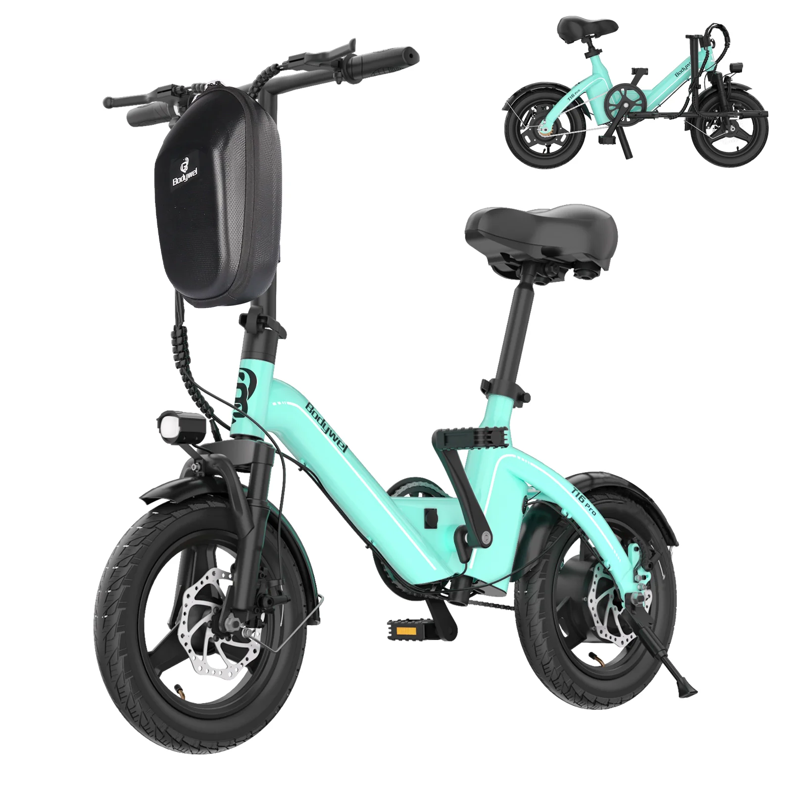14' Foldable Electric Bicycle for Adult, Peak 500W Motor with 36V 10.4Ah Removable Battery EBike Dual Disc Brake Bodywel T16pro