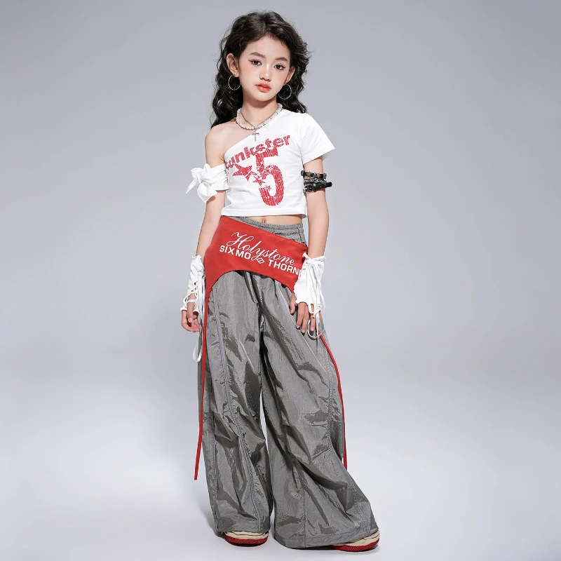 Girls Hip Hop Clothing Jazz Costume White Crop Tops Baggy Pants Set Group Kpop Music Festival Stage Performance Suit Rave Wear
