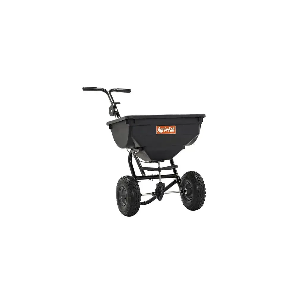 85lb Push Deluxe Broadcast Spreader Seed Fertilizer Walk Behind Cable Control Pneumatic Tires Enclosed Gearbox Rustproof Hopper