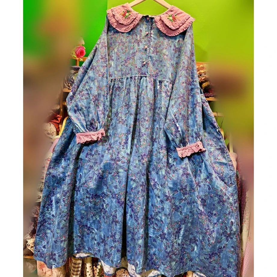 

Винтажное льняное осеннее длинное платье с кружевной вышивкой для женщин, шикарное платье миди в стиле ретро Mori Girl Cottage Core Sweet Lolita Shabby Chic