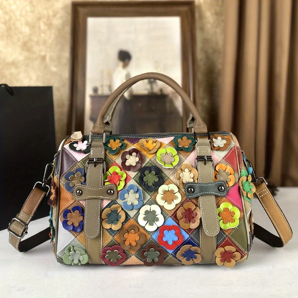 

Верхний слой воловьей кожи, новая универсальная женская сумка цветочного цвета, модная сумка через плечо контрастного цвета