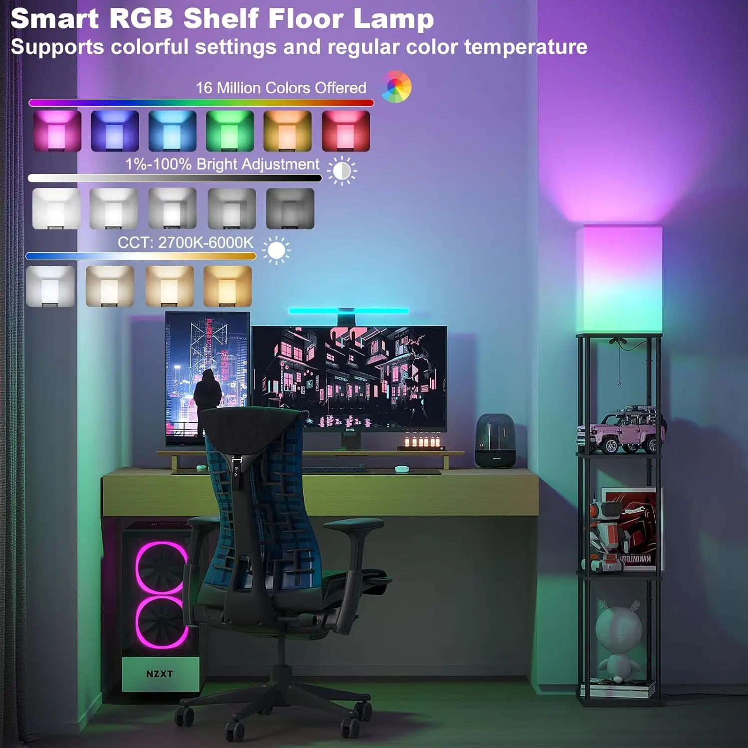 Candeeiro de pé com prateleiras, candeeiro de pé com controle de aplicativo inteligente com lâmpada RGB, luminárias de chão reguláveis de 4 camadas para sala de estar