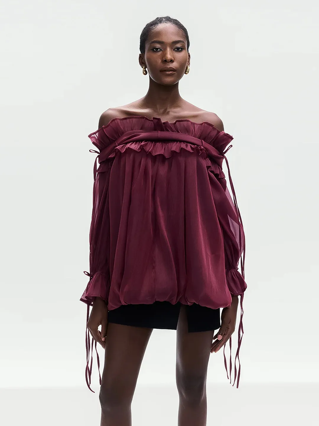 French Style Bell Sleeve Shirt One Shoulder Bow Tie Sexy Exposure Shoulder Flounce  Loose Fit Long Sleeve Polyester Cotto...
