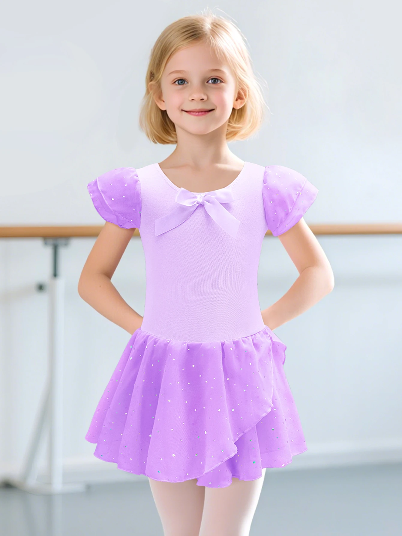 Girls Glitter Leotards for Ballet Dance Dress with Tutu Skirt Ruffle Sleeve Ballet Leotard Performance Clothing image 5