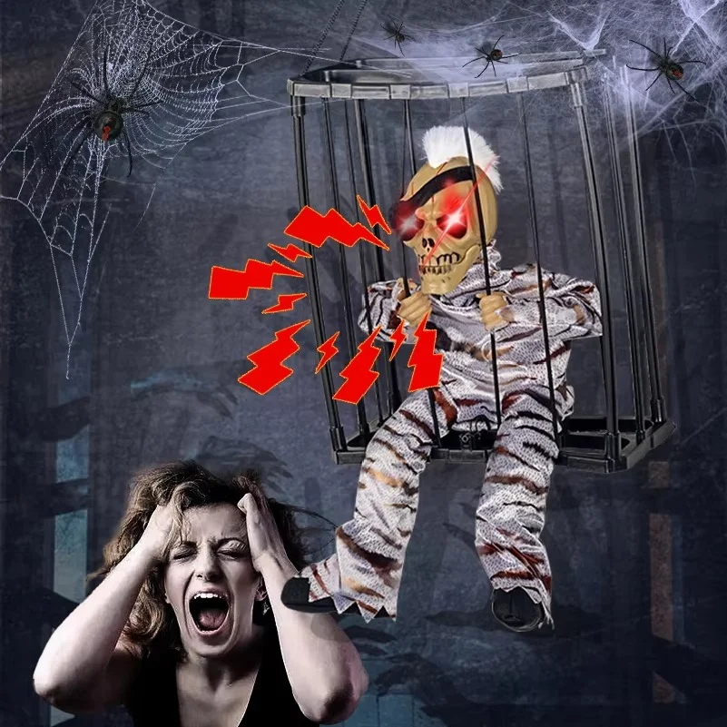 Scream Horror Halloween Skeleton Toys Halloween Decoration Props Terrifying Skeleton Cage Prisoner Haunted House Decorations