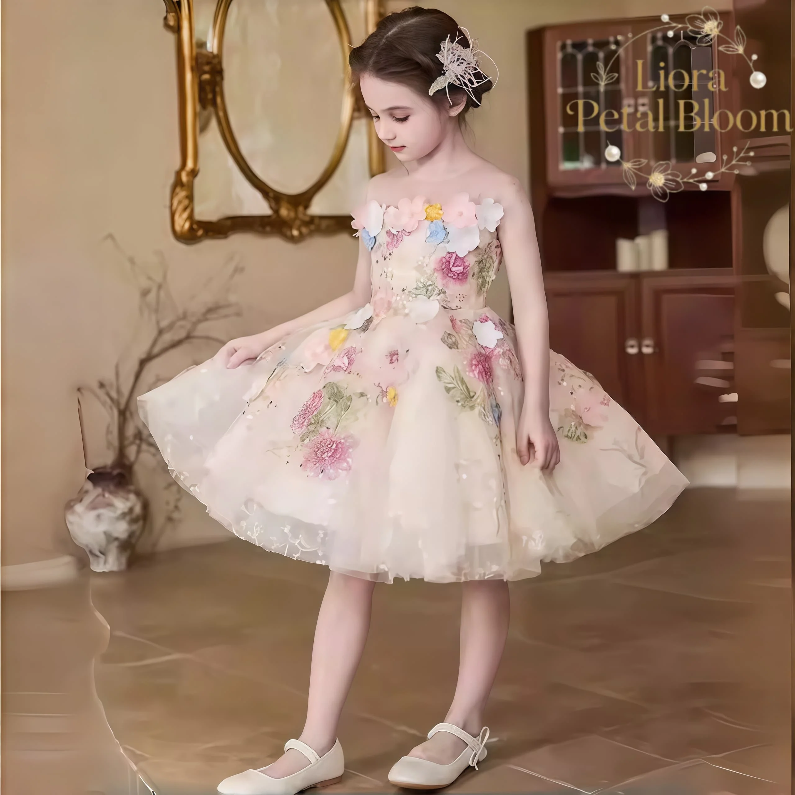 Abito da Principessa per Bambine, Vestito Formale con Tulle Floreale 3D e Corsetto Posteriore per Matrimoni, Feste Serali e Balli