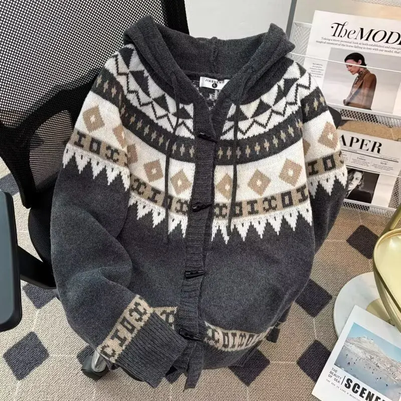 

Мужской кардиган в американском стиле с пуговицами из рога, свободный крой, вязаная верхняя одежда для пар, осень-зима, большие размеры