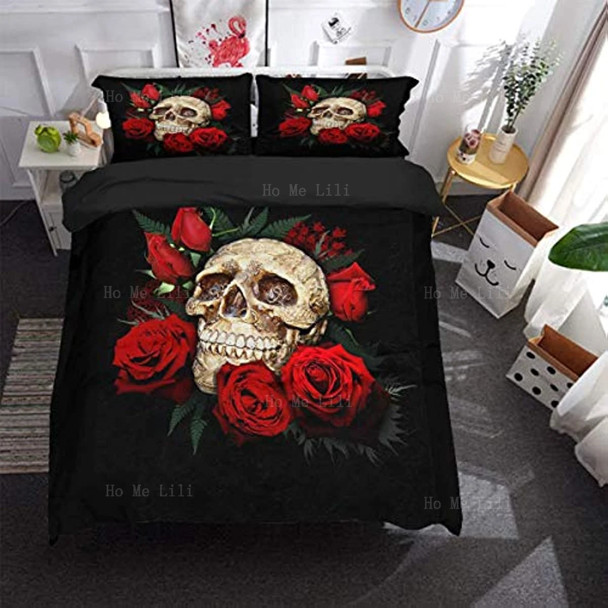 Duvet Floral Skull Decor Bedding Set Black Red Bones Skeleton Bedspread Cover Cool Aesthetic Rose