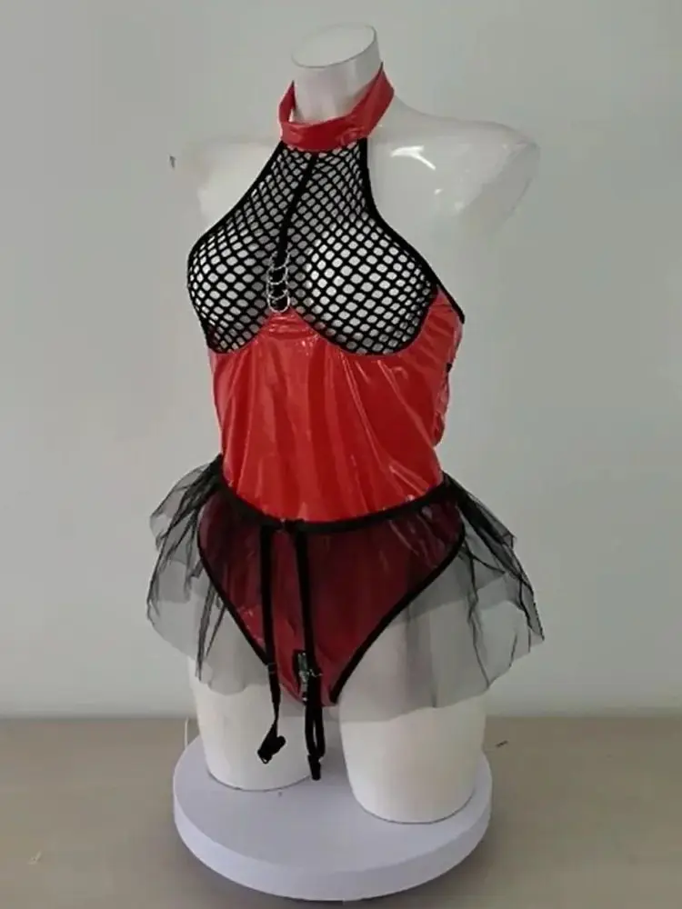 

S-XXL Halter Mesh Bust Transparent Swimsuit Wet Look PVC Shiny PU Leather Zipper Open Crotch Bodysuit Tights Sexy Body Teddies