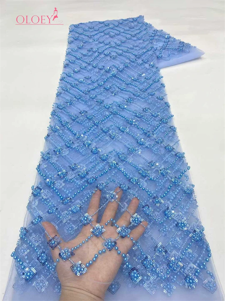 

OLOEY African Sequins Pearls Lace Fabric 2026 High Quality French Heavy Beaded Tulle Lace Fabric Nigeria For Bridal Dress