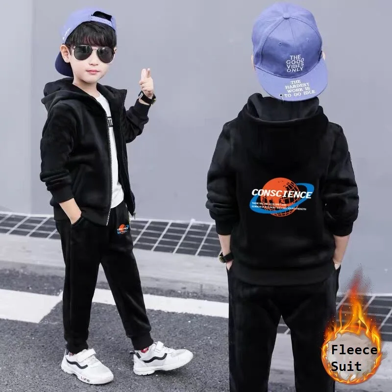 

Winter Warm Boys Full Fleece Zip Sweat Jackets+Sweatpant School Kids Tracksuit Child Jogging Outfit Workout Hoodie Set 3-14Years