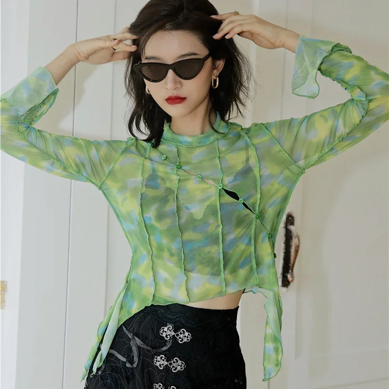 

Tie-dye Printing Stitching Asymmetrical Mesh Top, Green Long-sleeved Women's T-shirt, See-through Top, Hollow Transparent Top