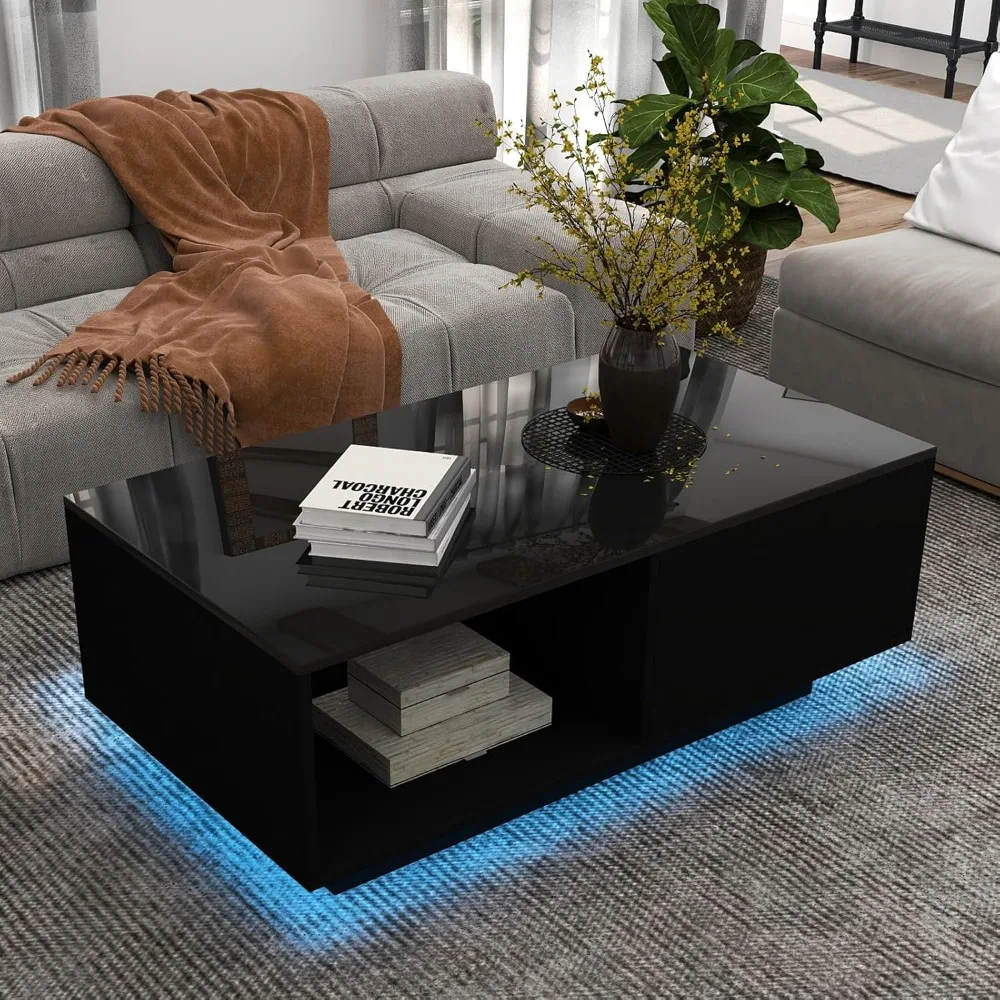 LED Black Coffee Table for Living Room with Drawer & 16 Colors Lights, 43.3IN High Gloss Modern Coffee Table with Storage Space,