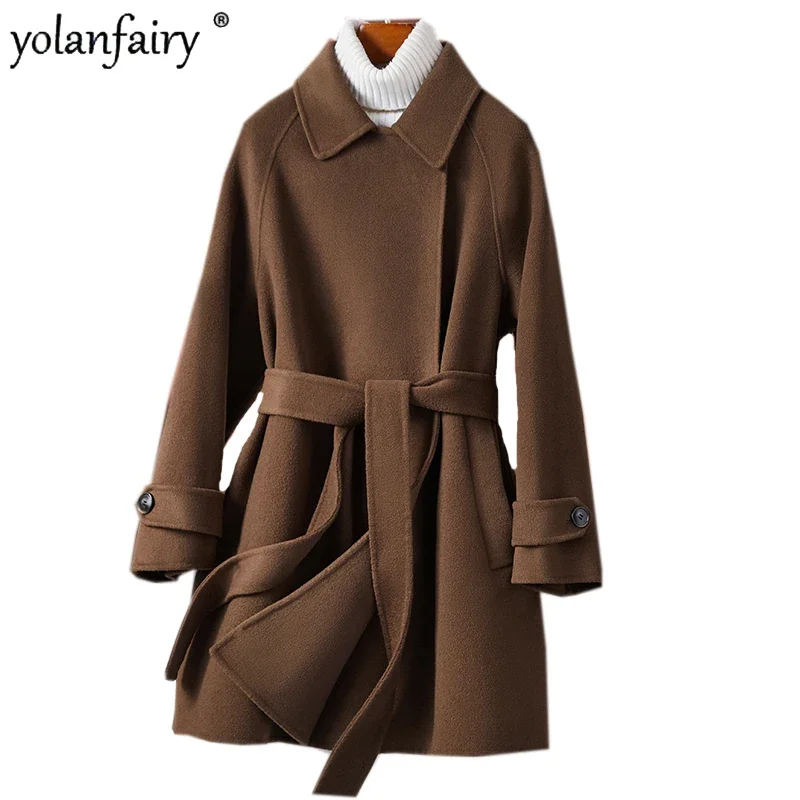 

2022 Winter Double-sided Woolen Coat Women's 100% Wool Jacket Women Tie Woolen Outwear Women's Off-season Chaqueta Feminine FCY