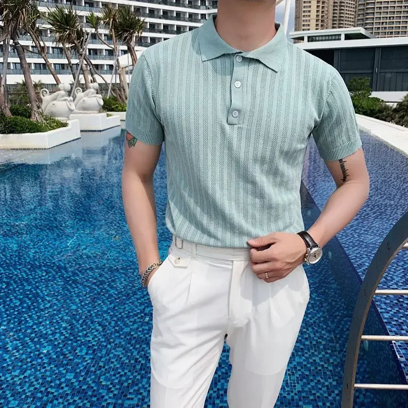 Yellow Mens with Collar T-shirt V Neck Striped White Black Party New in Tops & Tees Wholesale Aesthetic Stylish Male Polo Shirts