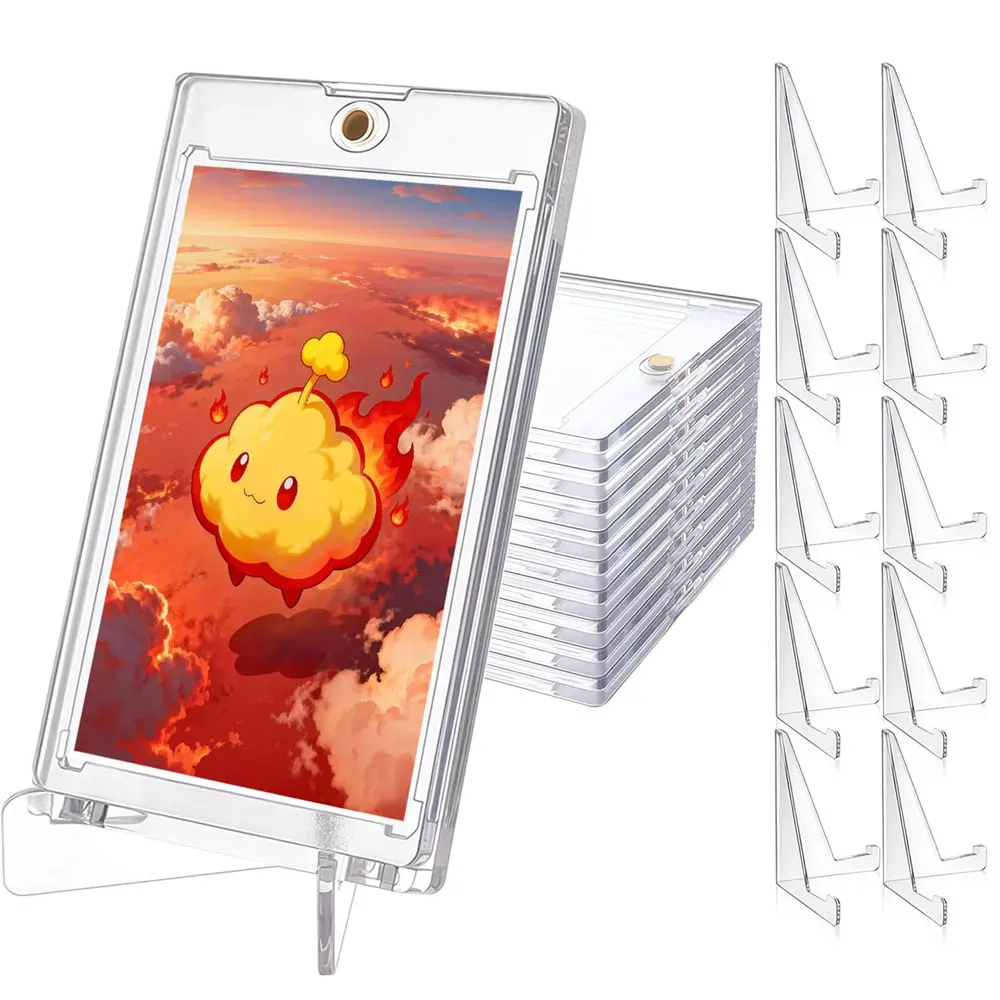 10-pack magnetic card holders with display stand - 35PT, suitable for displaying trading cards, sports cards, and anime cards.