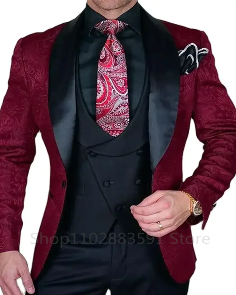 黒のジャカードタキシード,3ピース,男性用チョッキ,ベストとパンツ,スリムフィットのショールとラペル,結婚披露宴用