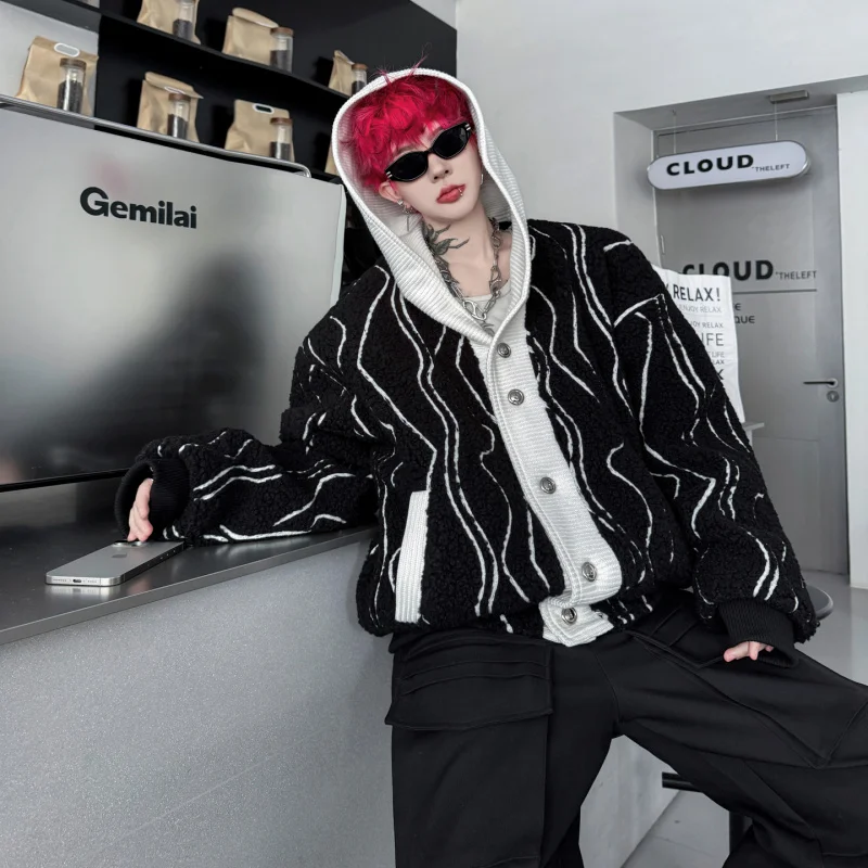 

Thiened Lamb Fur Hooded Cotton Jaet Men's Korean Sle Striped Loose Fit Warm Casual Long Sve Coat with kets