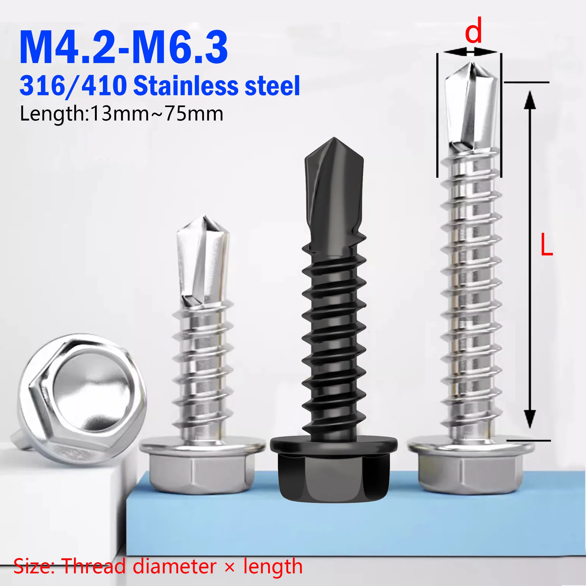 M4.2 M4.8-M6.3 Hex Head Self Drilling Screws316/410 Stainless Steel Self Tapping Sheet Metal Tek Screws