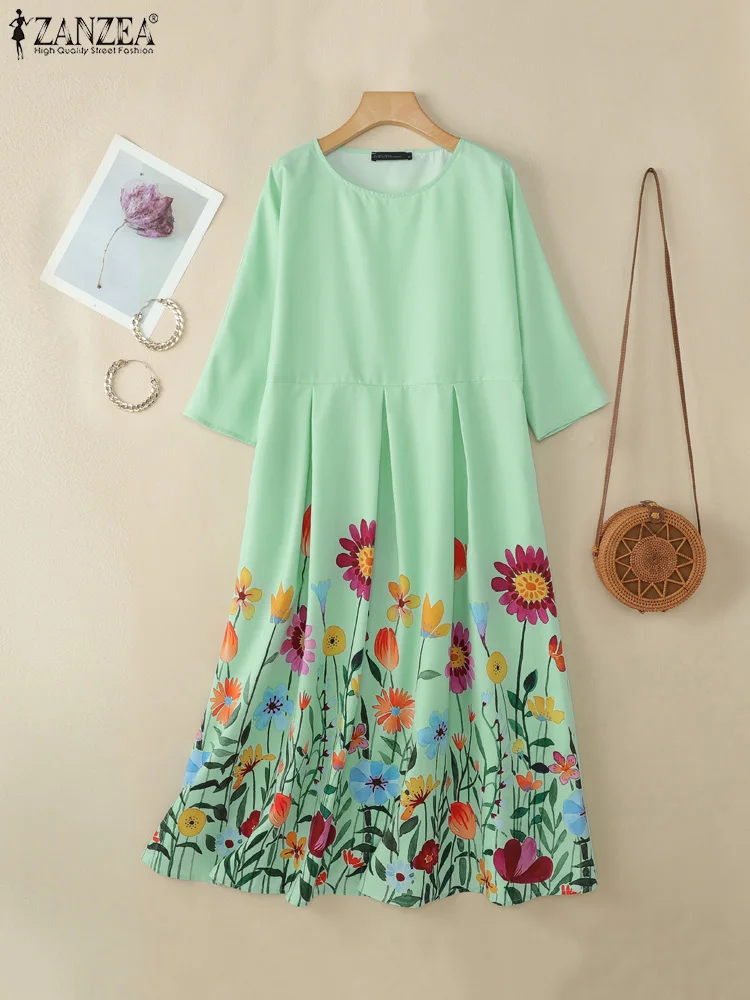 ZANZEA décontracté imprimé fleuri Robes Femme femmes plis inversés mode d'été Maxi Robes tenue de jour 3/4 manches col rond Robes