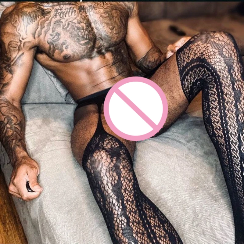 Sexy Lingerie Men\'s Mesh Socks with Open Crotch Hollowed Out Gay Men\'s Panties High Elastic Stocking Breathable Pantyhose