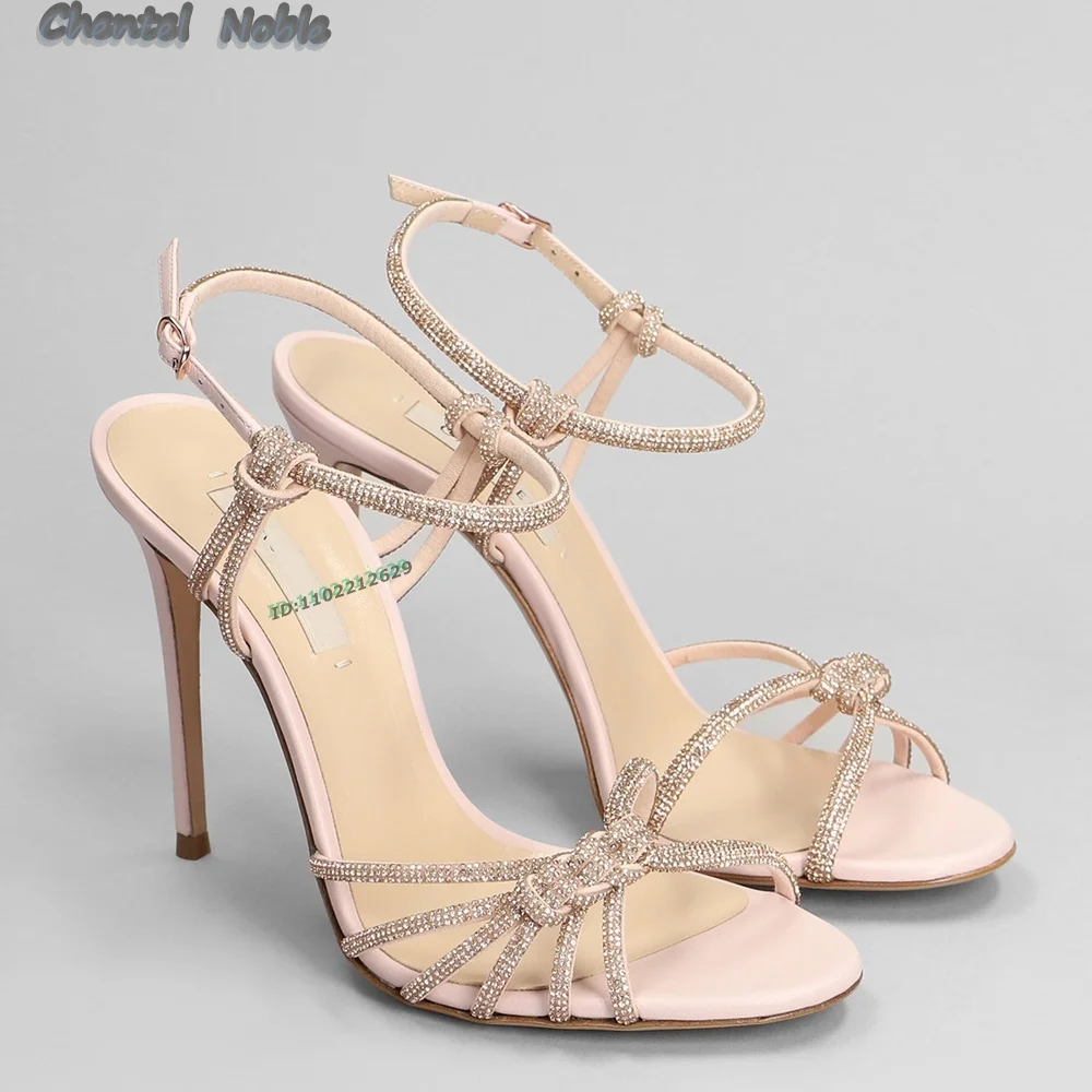 

Pink Leather Crystals Thin Straps Sandals Ankle Strappy Thin High Heels Solid Slingback Round Open Toe Women Stiletto Shoe Dress