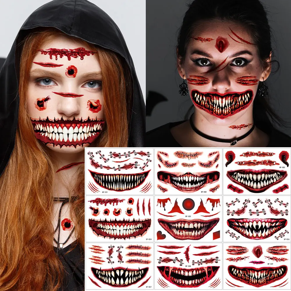 

9 листов татуировки с большим ртом и лицом, наклейки для Хэллоуина, водонепроницаемые временные татуировки для женщин и мужчин, шрам, страшные поддельные татуировки