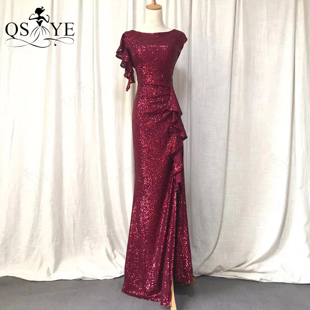 

Burgundy Sequin Evening Dresses Scoop Neck Mermaid Low Back Prom Party Gown Ruffles Open Split Short Sleeves Ruched Formal Dress