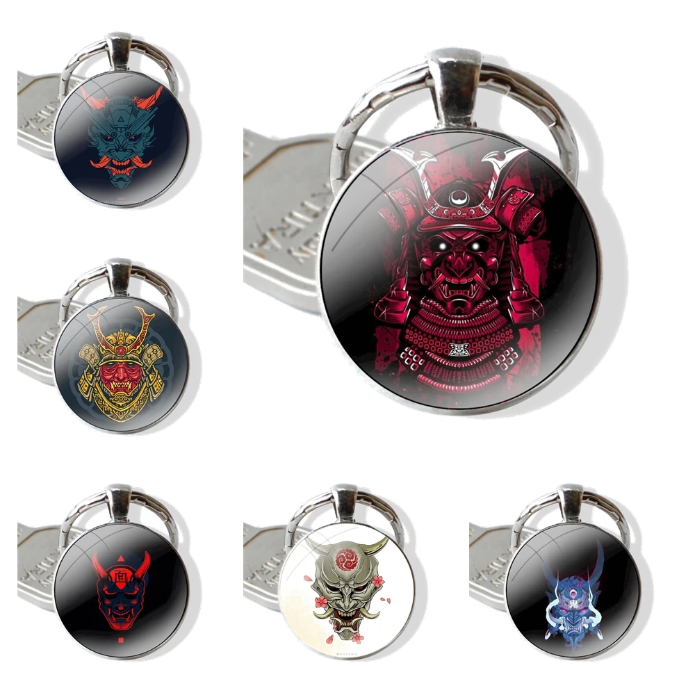 Keychain Handmade Glass Cabochon Key Ring Holder Pendant Key Chains Japanese samurai oni mask