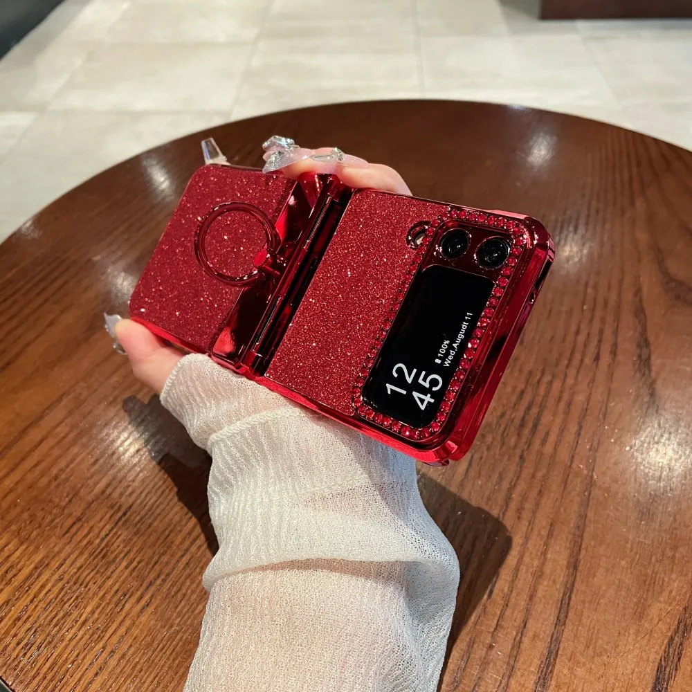 For Samsung Galaxy Z Flip 4 3 Case Luxury Electroplated Bling Glitter Ring Folding Hingle Shockproof Hard Back Cover Accessories