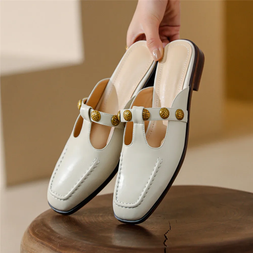 MILI-MIYA Fashion Full Genuine Leather Mules Thick Heels Women Round Toe Pumps Slip On Metal Rivets Big Size 34-40 Handmade