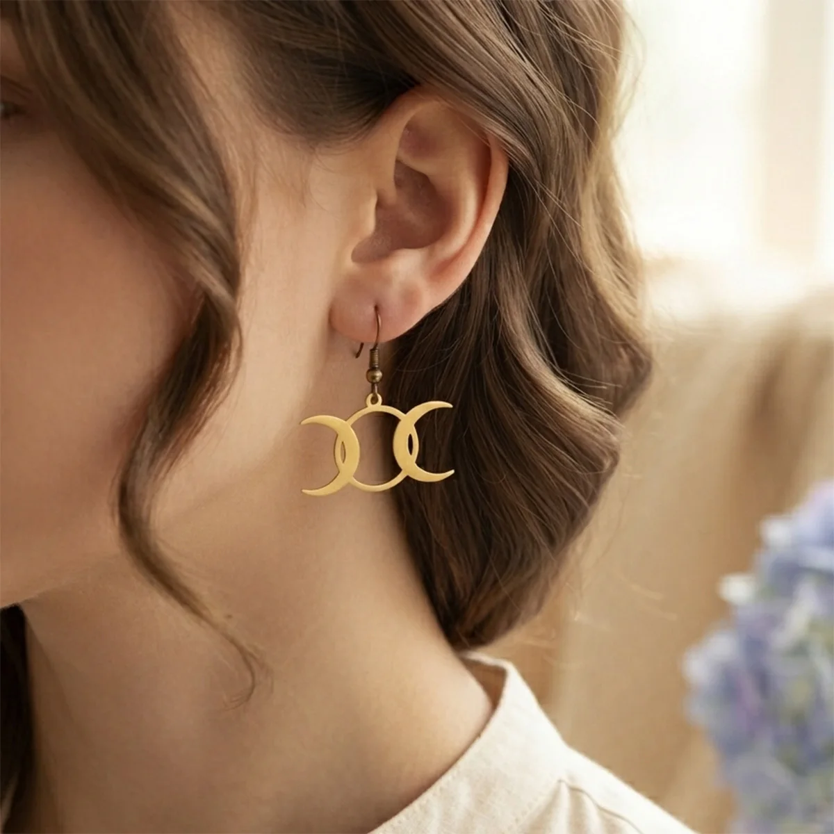 Fashion Crescent Triple Moon Goddess Dangle Earrings Stainless Steel Gold Color Hollow Moon Amulet Wicca Earring Witch Jewelry