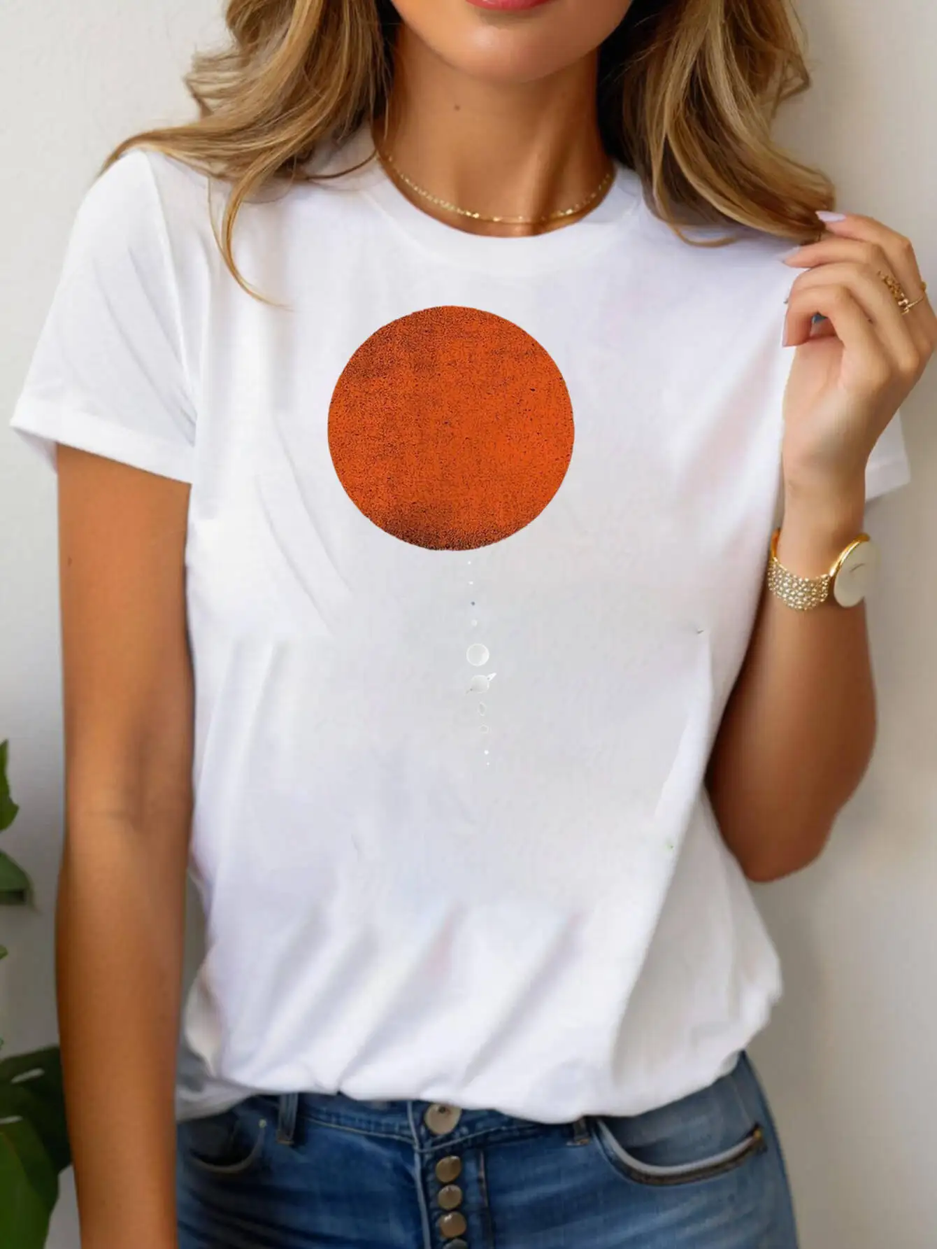 Women's T-Shirt Orange Planet Graphic Print Round Neck Short Sleeve Lightweight Comfortable For Daily female shirt tops tee